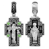 Распятие Христово.Божия Матерь Знамение. Нательный крест с фианитами из серебра 925 пробы с чернением фото