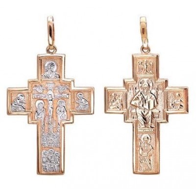 Нательный крест с Распятием Христовым и Святыми из красного и белого золота 585 пробы фото