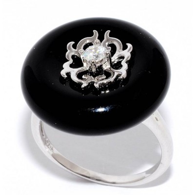 Кольцо с ониксом и фианитом из серебра 925 пробы цвет металла белый фото