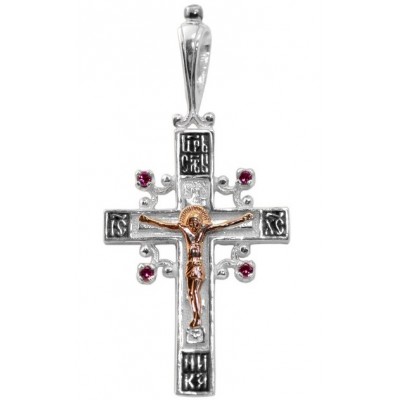 Нательный крестик православный из золота 585 и серебра 925 пробы с вставками корунда фото