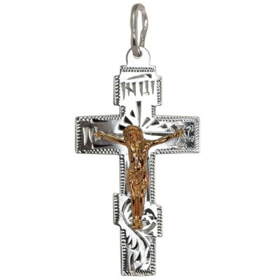 Нательный крест с золотым Распятием Христовым из серебра 925 пробы фото