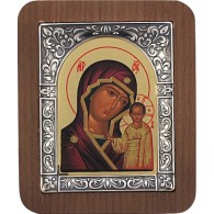 Казанская Богородица. Православная икона из серебра 925 пробы на деревянной основе, шелкография фото