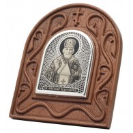Св. Николай Чудотворец. Небольшая икона в форме арки обсидиан на дереве из серебра 960 пробы фото