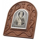 Св. Николай Чудотворец. Небольшая икона в форме арки обсидиан на дереве из серебра 960 пробы