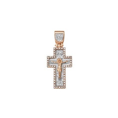 Крест православный "Распятие Христово" с фианитами из серебра 925 пробы с красной позолотой фото