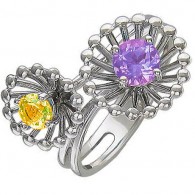 Красноречивое безразмерное кольцо "Цветы" из серии Колибри silver с круглыми аметистом и цитрином из серебра 925 пробы фото