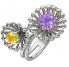 Красноречивое безразмерное кольцо "Цветы" из серии Колибри silver с круглыми аметистом и цитрином из серебра 925 пробы
