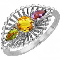 Цветистое кольцо из серии Колибри silver с аметистом, хризолитом и цитрином из серебра 925 пробы фото