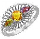 Цветистое кольцо из серии Колибри silver с аметистом, хризолитом и цитрином из серебра 925 пробы