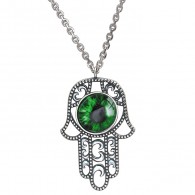 Волшебное колье "Ладонь Фатимы" (Хамса) от Amulet silver с зеленым ювелирным стеклом из серебра 925 пробы фото