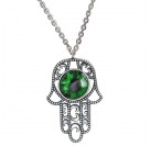 Волшебное колье "Ладонь Фатимы" (Хамса) от Amulet silver с зеленым ювелирным стеклом из серебра 925 пробы