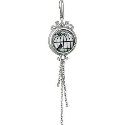 Славный кулон "Птица в клетке" с подвесками-цепочками из коллекции Amulet silver с ювелирным стеклом из серебра 925 пробы фото