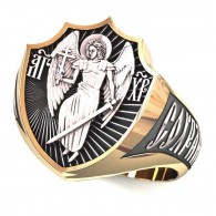 Статусный мужской перстень "Спаси и Сохрани" с изображением Ангела Хранителя из серебра 925 пробы с золотым покрытием фото