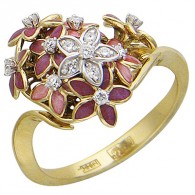 Бесподобное кольцо "Цветы" из коллекции "BOUQUET" с бриллиантами и ювелирной эмалью из комбинированного золота 750 пробы фото