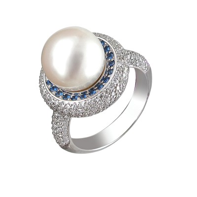 Красочное кольцо с жемчугом, бриллиантами и сапфирами из белого золота 585 пробы фото