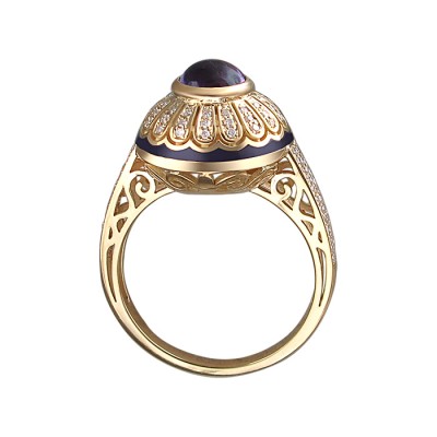 Сверхъестественное кольцо из коллекции "GARDEN" с аметистом, бриллиантом и эмалью из желтого золота 750 пробы фото