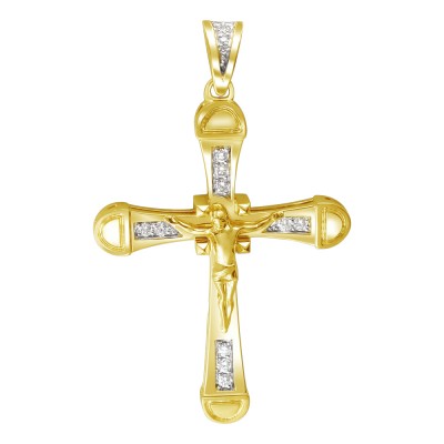 Благовидный нательный крест с распятием с бриллиантами из желтого золота 585 пробы фото