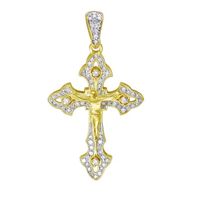 Нательный крест "Распятие Христово" с бриллиантами из желтого золота 585 пробы фото