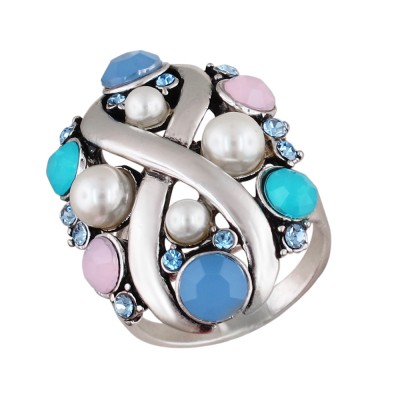 Харизматичное кольцо с цветными цирконами и иммитацией жемчуга, бижутерия фото