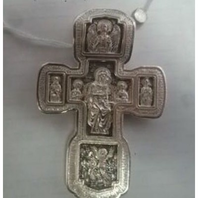 Крест православный Святая Троица, Свт. Николай Чудотворец, Мч Трифон, Три Святителя из серебра 925 пробы фото