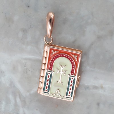 Золотой складень с Армянским крестом в виде молитвослова с ювелирной эмалью на замочке из красного золота 585 пробы фото