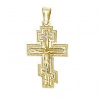 Чудесный крестик с распятием из коллекции "RELIGION", с бриллиантами из желтого золота 585 пробы фото