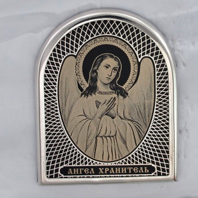 Дорожная икона "Ангел Хранитель" с обсидианом из серебра 960 пробы фото