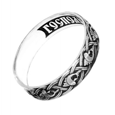 Рыбки Христовы. Православное кольцо Спаси и Сохрани из серебра 925 пробы фото