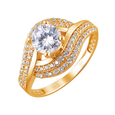 Богатое кольцо с цирконами из серебра 925 пробы с золочением фото