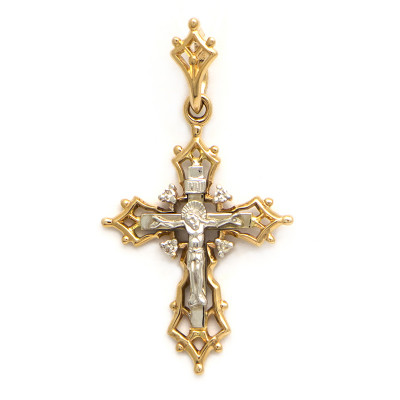Крест с распятием и бриллиантом из золота 585 пробы фото