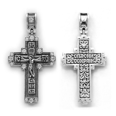 Крест с фианитами "Спаси и сохрани" из серебра 925 пробы с чернением фото