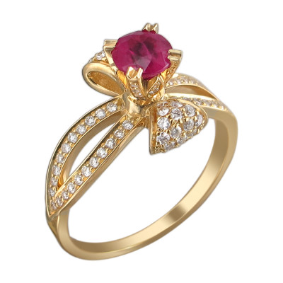 Эксклюзивное кольцо с бриллиантами и рубином из желтого золота 750 пробы фото