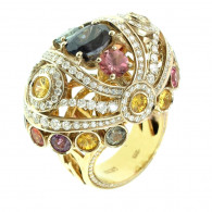 Царское кольцо с шпинелью, бриллиантами, сапфирами и турмалинами из комбинированного золота 750 пробы фото