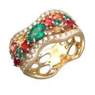 Эффектное кольцо с бриллиантами, сапфирами и изумрудами из комбинированного золота 750 пробы фото