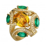 Ярчайшее кольцо с бриллиантами, сапфиром и изумрудами из желтого золота 750 пробы фото