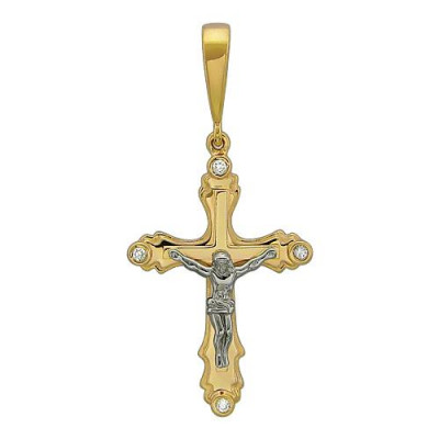 Богатый нательный крест с распятием, с бриллиантами из комбинированного золота 585 пробы фото