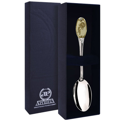 Чудная чайная ложка с логотипом "Водолей" из серебра 925 пробы с золотым покрытием, в подарочном футляре фото