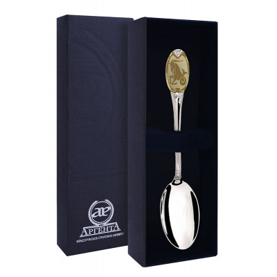 Первоклассная чайная ложка с логотипом "Козерог" из серебра 925 пробы с золотым покрытием в подарочном футляре фото