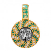 Петр и Февронья. Образок с фианитами и ювелирной эмалью из серебра 960 пробы с чернением и позолотой фото