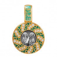 Петр и Февронья. Образок с фианитами и ювелирной эмалью из серебра 960 пробы с чернением и позолотой фото