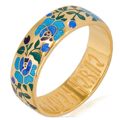 Спаси и сохрани. Православное кольцо "Розы" с цветной ювелирной эмалью из серебра 925 пробы с золотым покрытием фото