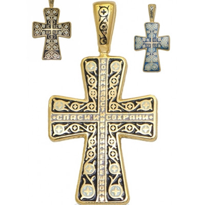 Крест нательный  с "Молитвой мытаря" с ювелирной эмалью из серебра 925 пробы с золотым покрытием фото