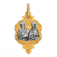 Образок "Петр и Февронья" из серебра 925 пробы с чернением и позолотой фото