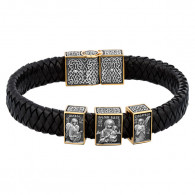 Кожаный браслет на плоском плетенном шнуре "Всецарица" с бусинами и замочком из серебра 925 пробы с позолотой и чернением фото