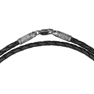 Черный кожаный шнурок с концевиками с орнаментом «Греческий крест» из серебра 925 пробы с чернением фото