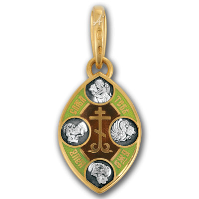 "Спас на престоле. Символы Евангелистов". Образок с ювелирной эмалью из серебра 925 пробы с позолотой и чернением фото