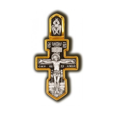 Крест "Распятие Христово. Святитель Николай" из серебра 925 пробы с позолотой и чернением фото