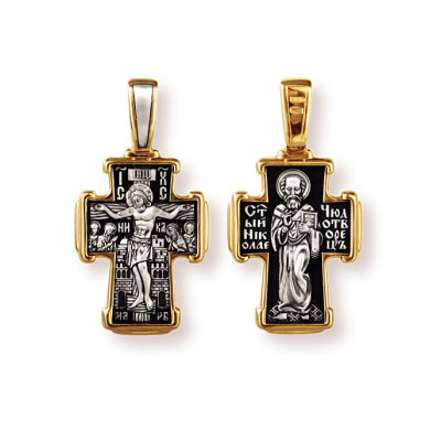 "Распятие Христово. Святитель Николай". Православный крест из серебра 925 пробы с позолотой и чернением фото