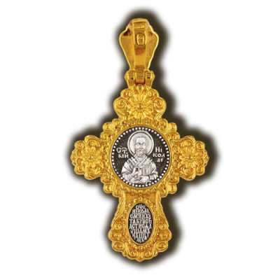 Православный крест "Распятие Христово. Святитель Николай" из серебра 925 пробы с позолотой и чернением фото