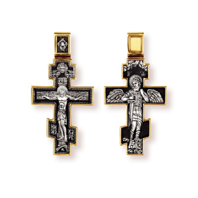 "Распятие Христово. Архангел Михаил". Православный крест из серебра 925 пробы с позолотой и чернением фото
